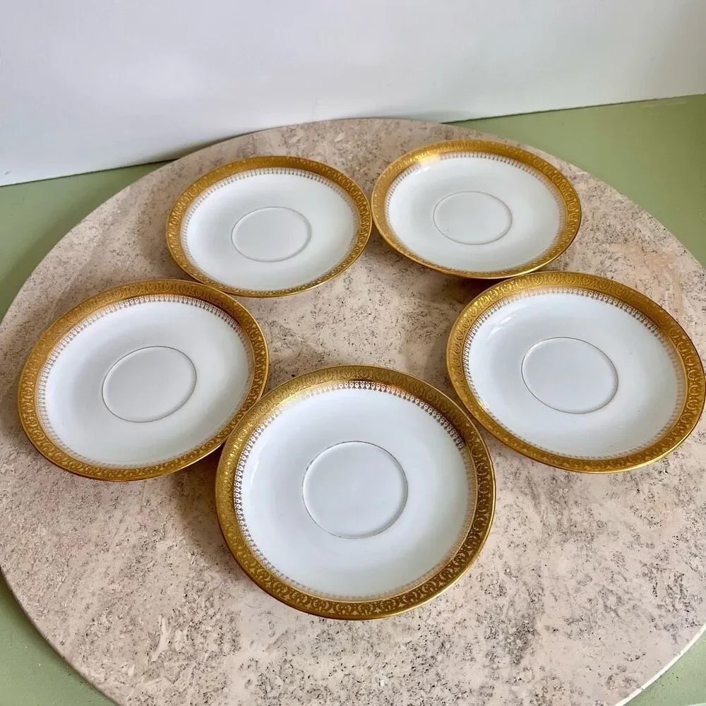 Vintage M.F&CO Limoges UC France Marshall Field Gold Leaf Rim Set of 5 Teacup Pl